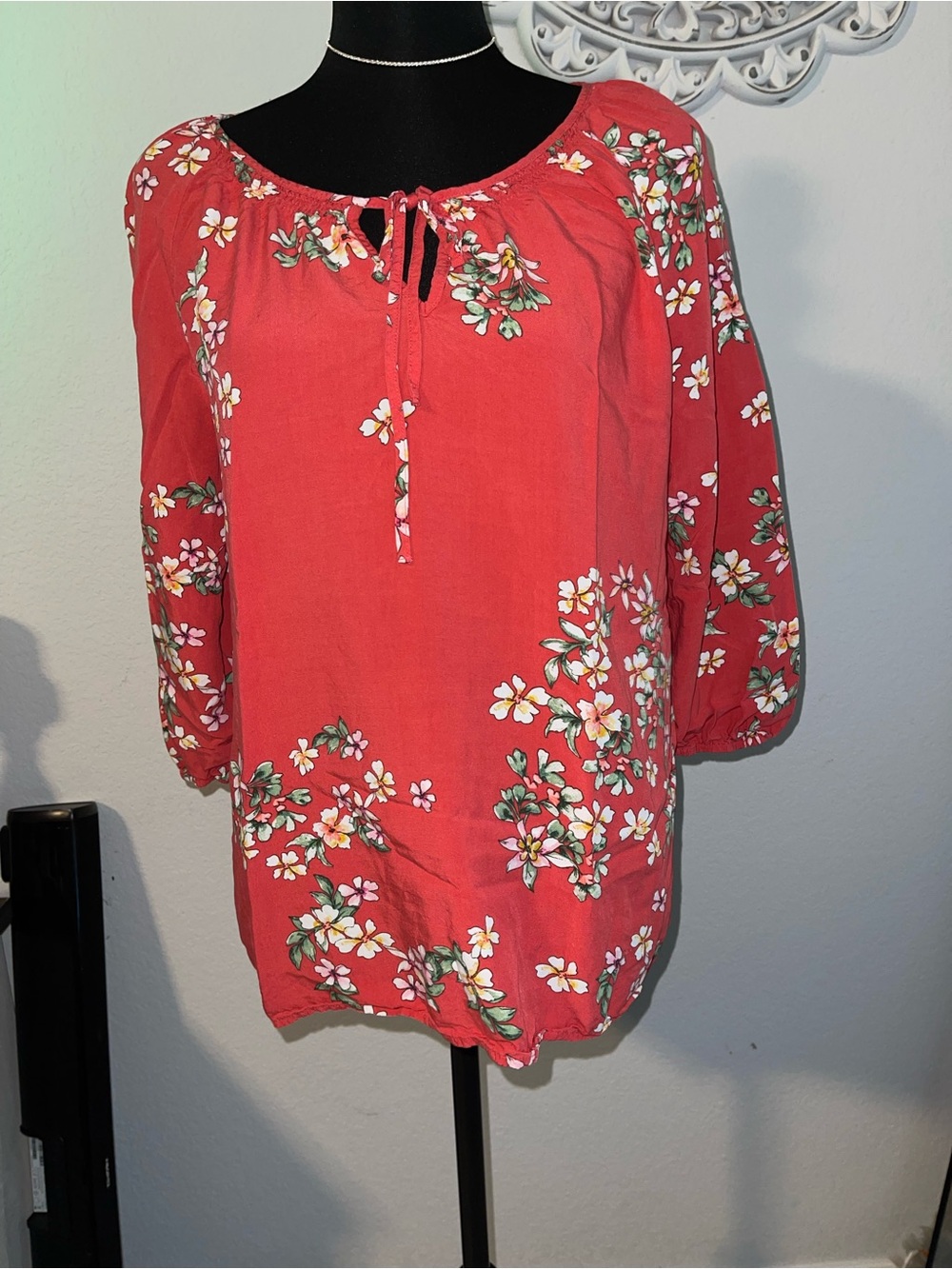 St. John's Bay Coral Floral Tie-Neck Peasant Blouse